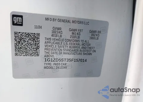 2025 Chevrolet Malibu Fwd 1Lt z USA, uszkodzony, nr VIN 1G1ZD5ST3SF157014